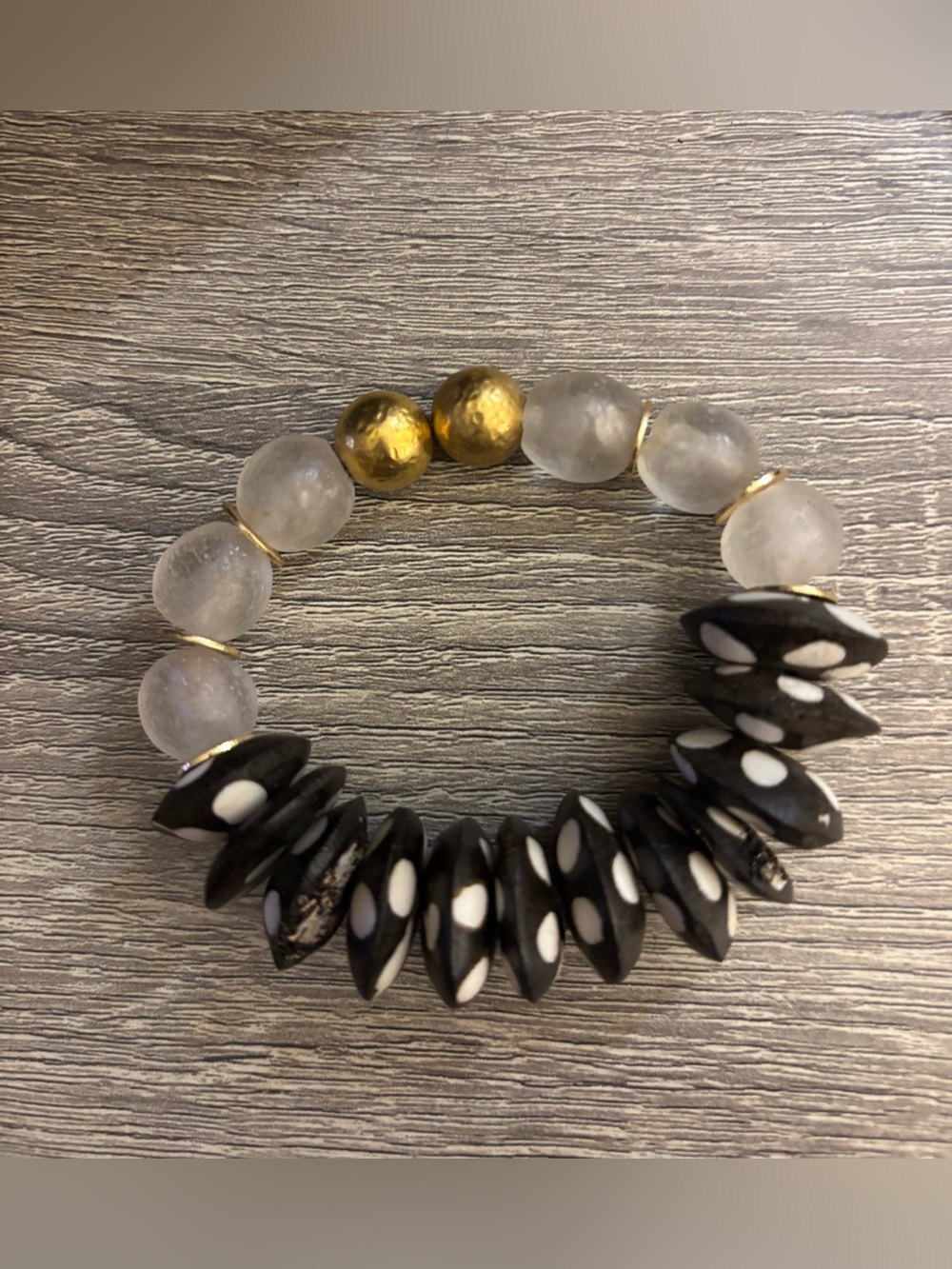 Handcrafted Black & White Recycled Glass Beaded Stretch Bracelet